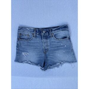 Levi Jean Shorts Women Blue Sz26 Distressed Denim Button Fly 5-Pocket Outdoor